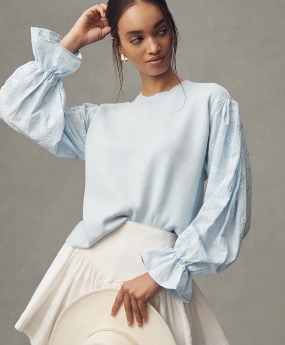 Anthropologie Floral Puff Sleeve Sweater Light Blue Size M